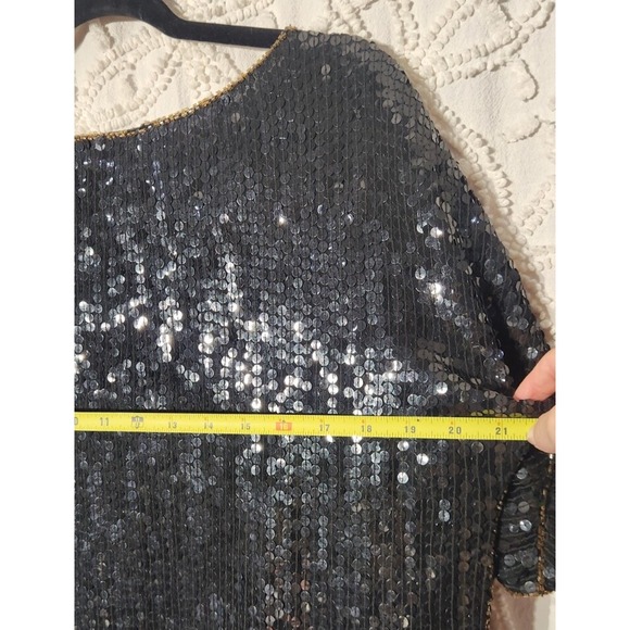 Vintage Scala Womens All Over Sequin Silk Top Size Small Black Colorblock Retro - Picture 7 of 10